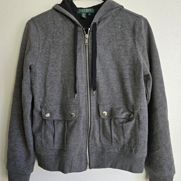 Unisex Ralph Lauren Gray Zip Up Sweater with Hood - Picture 2 of 6